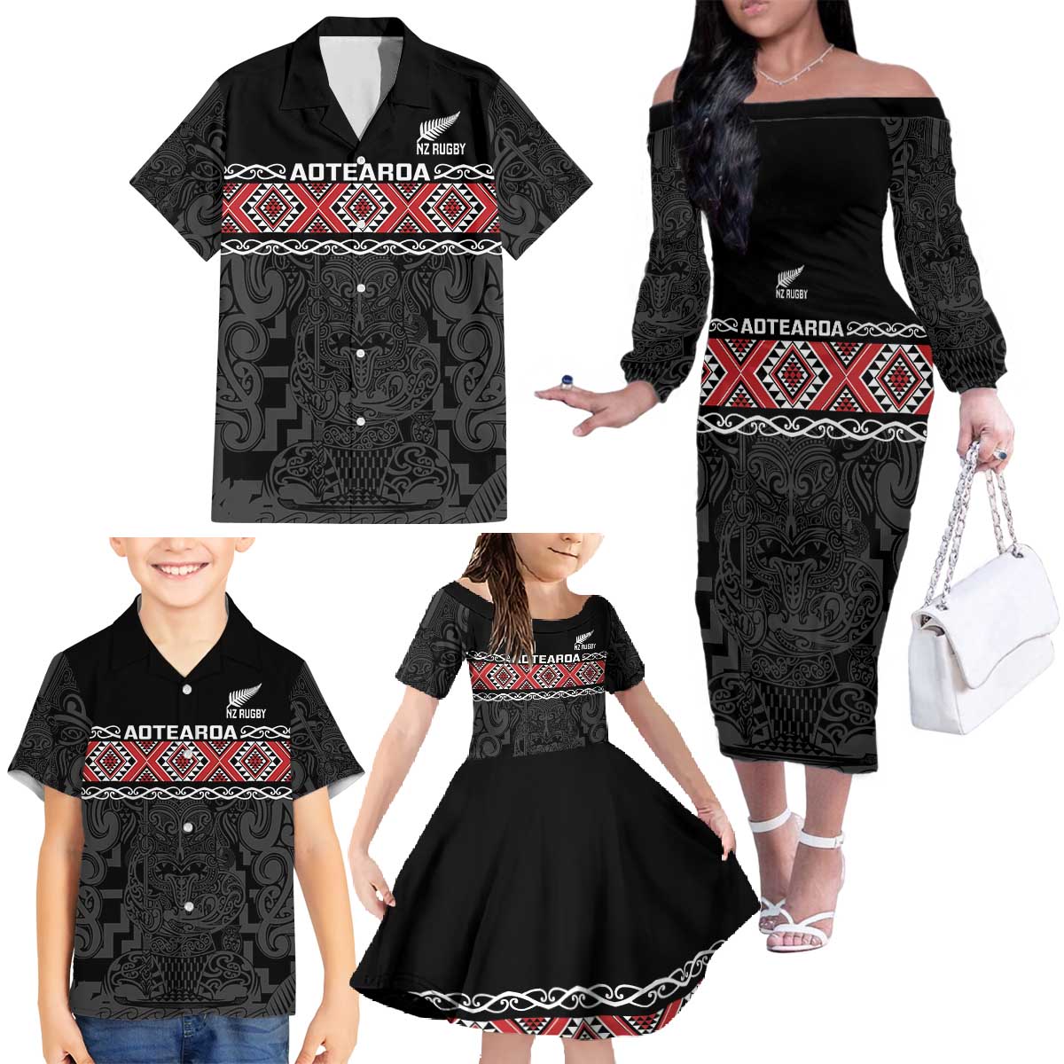 Custom New Zealand Silver Fern Rugby Family Matching Off The Shoulder Long Sleeve Dress and Hawaiian Shirt All Black Maori Taniko Pattern LT14 - Polynesian Pride