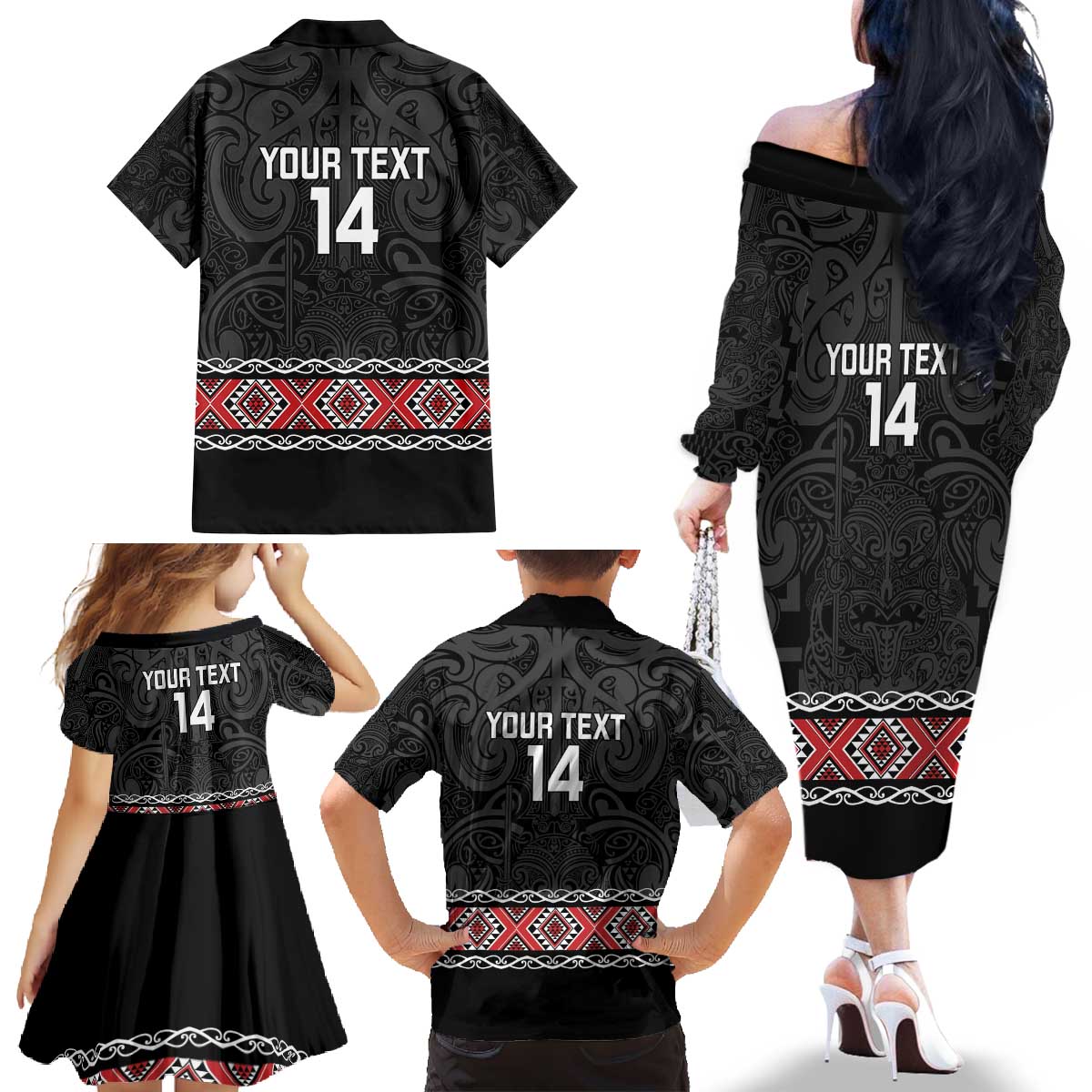 Custom New Zealand Silver Fern Rugby Family Matching Off The Shoulder Long Sleeve Dress and Hawaiian Shirt All Black Maori Taniko Pattern LT14 - Polynesian Pride
