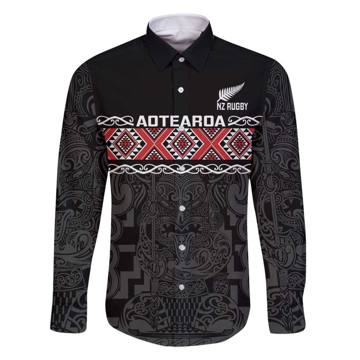Custom New Zealand Silver Fern Rugby Family Matching Off The Shoulder Long Sleeve Dress and Hawaiian Shirt All Black Maori Taniko Pattern LT14 Dad's Shirt - Long Sleeve Black - Polynesian Pride