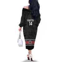 Custom New Zealand Silver Fern Rugby Family Matching Off The Shoulder Long Sleeve Dress and Hawaiian Shirt All Black Maori Taniko Pattern LT14 - Polynesian Pride
