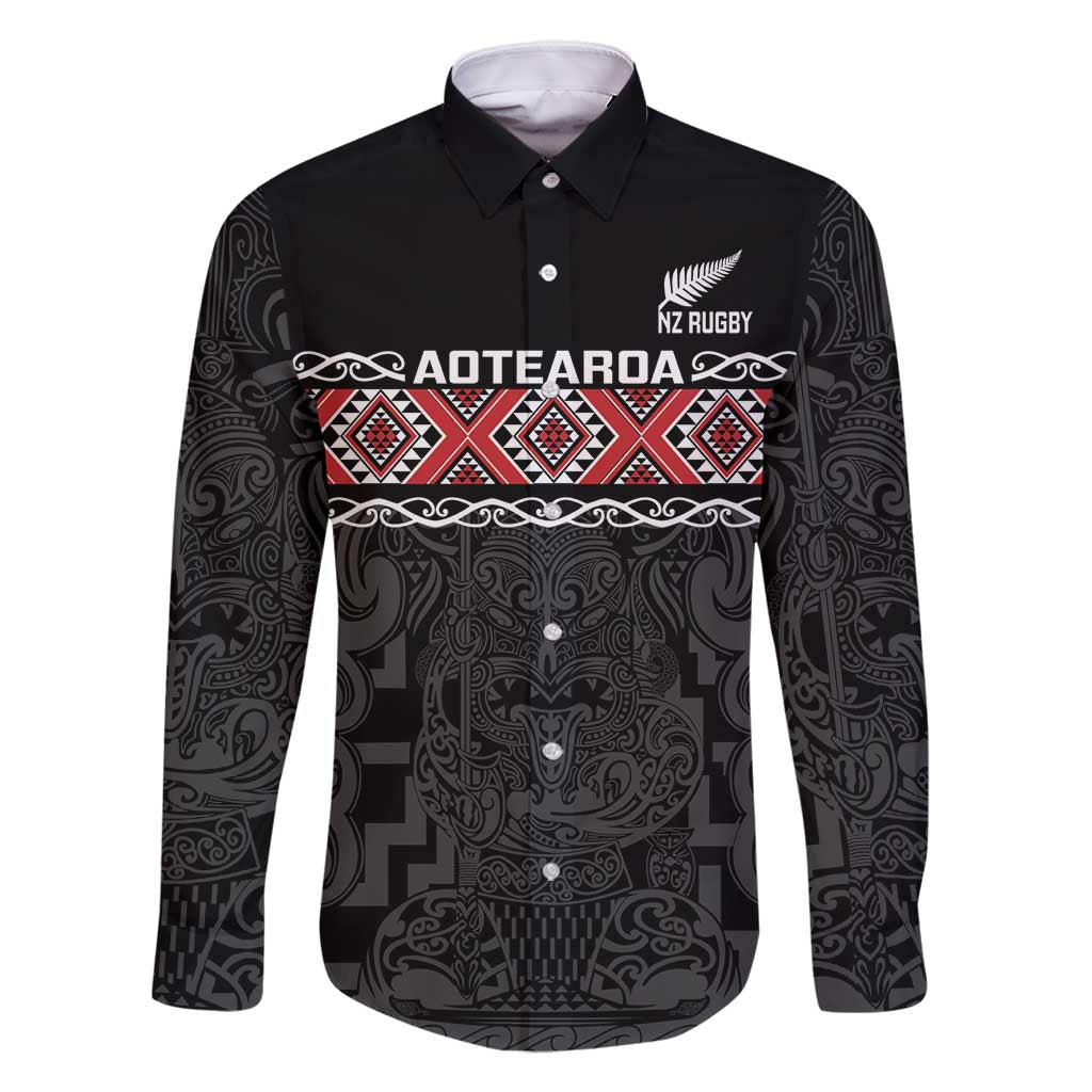 Custom New Zealand Silver Fern Rugby Family Matching Off Shoulder Maxi Dress and Hawaiian Shirt All Black Maori Taniko Pattern LT14 Dad's Shirt - Long Sleeve Black - Polynesian Pride
