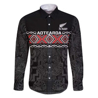 Custom New Zealand Silver Fern Rugby Family Matching Off Shoulder Maxi Dress and Hawaiian Shirt All Black Maori Taniko Pattern LT14 Dad's Shirt - Long Sleeve Black - Polynesian Pride