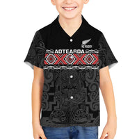 Custom New Zealand Silver Fern Rugby Family Matching Off Shoulder Short Dress and Hawaiian Shirt All Black Maori Taniko Pattern LT14 Son's Shirt Black - Polynesian Pride