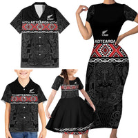 Custom New Zealand Silver Fern Rugby Family Matching Short Sleeve Bodycon Dress and Hawaiian Shirt All Black Maori Taniko Pattern LT14 - Polynesian Pride