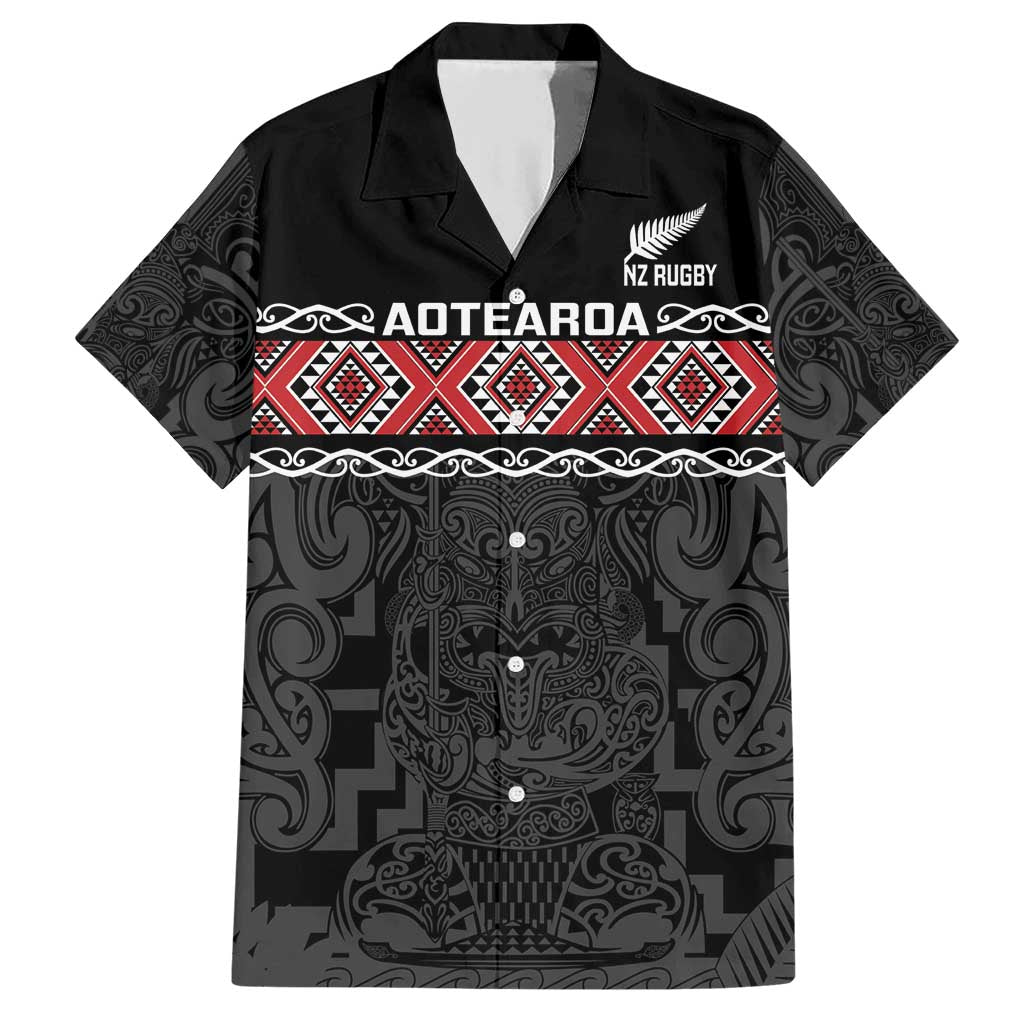 Custom New Zealand Silver Fern Rugby Family Matching Short Sleeve Bodycon Dress and Hawaiian Shirt All Black Maori Taniko Pattern LT14 Dad's Shirt - Short Sleeve Black - Polynesian Pride