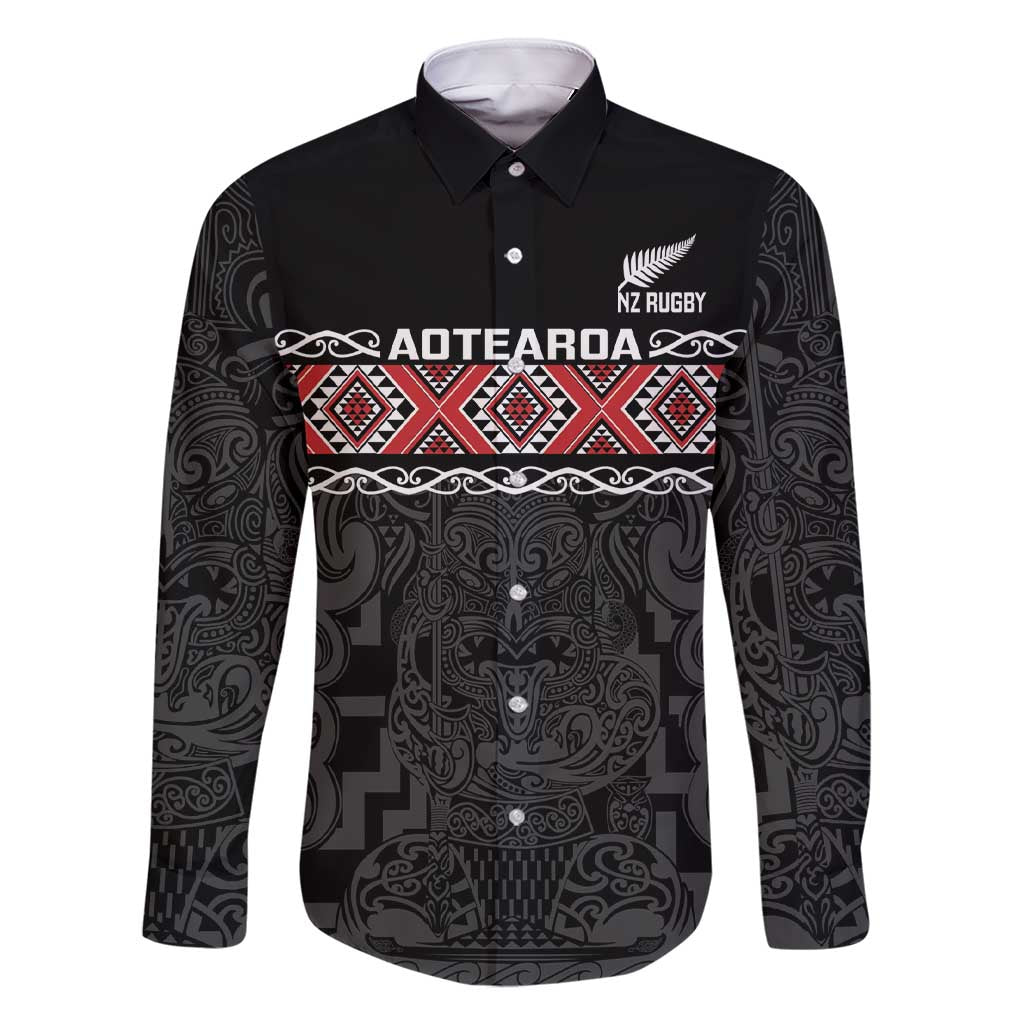 Custom New Zealand Silver Fern Rugby Family Matching Short Sleeve Bodycon Dress and Hawaiian Shirt All Black Maori Taniko Pattern LT14 Dad's Shirt - Long Sleeve Black - Polynesian Pride