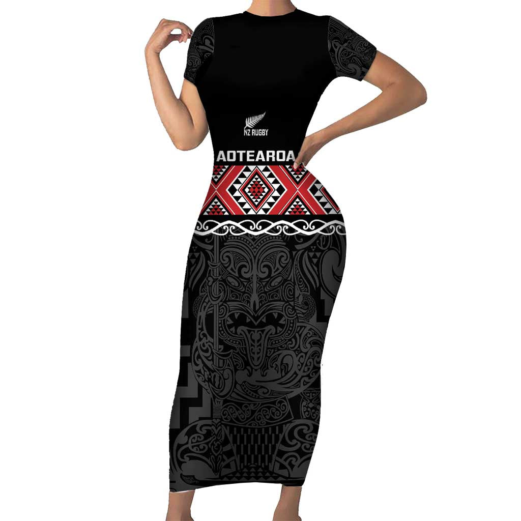 Custom New Zealand Silver Fern Rugby Family Matching Short Sleeve Bodycon Dress and Hawaiian Shirt All Black Maori Taniko Pattern LT14 Mom's Dress Black - Polynesian Pride