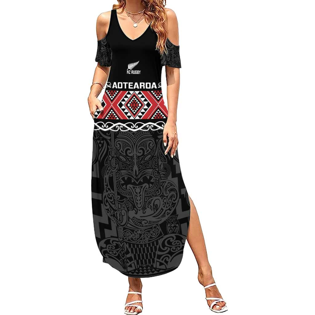 Custom New Zealand Silver Fern Rugby Family Matching Summer Maxi Dress and Hawaiian Shirt All Black Maori Taniko Pattern LT14 Mom's Dress Black - Polynesian Pride