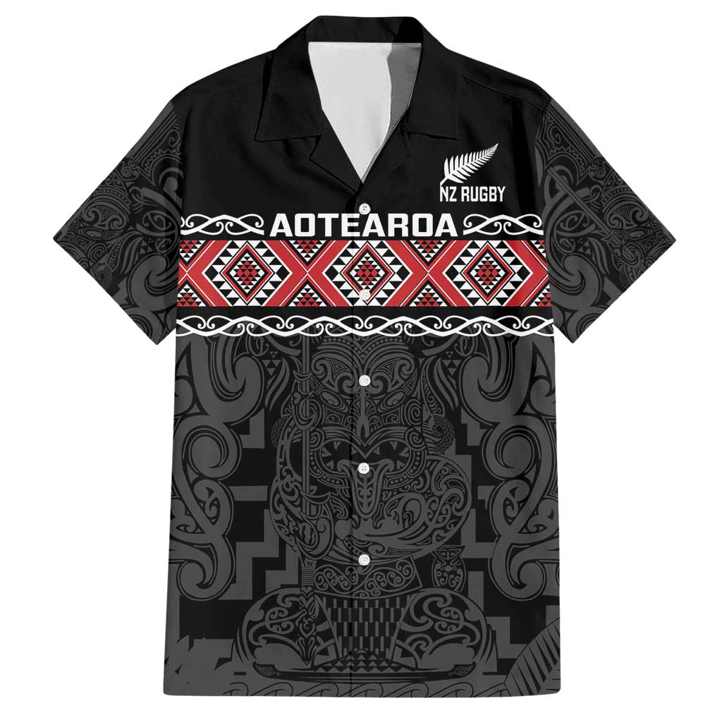 Custom New Zealand Silver Fern Rugby Hawaiian Shirt All Black Maori Taniko Pattern LT14 Black - Polynesian Pride