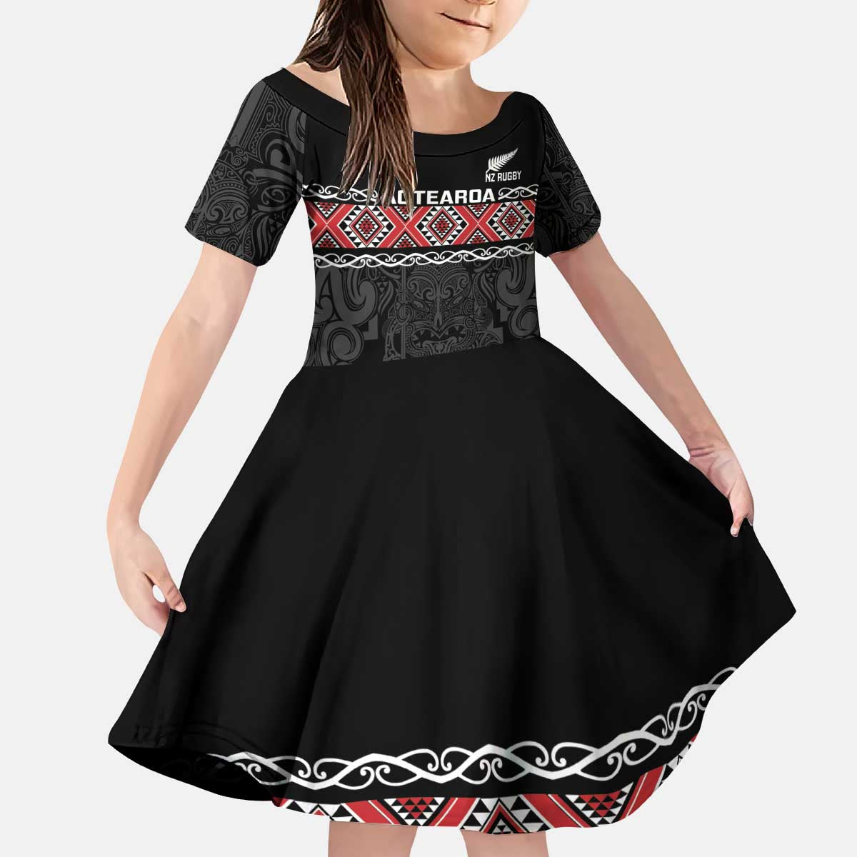 Custom New Zealand Silver Fern Rugby Kid Short Sleeve Dress All Black Maori Taniko Pattern LT14 KID Black - Polynesian Pride