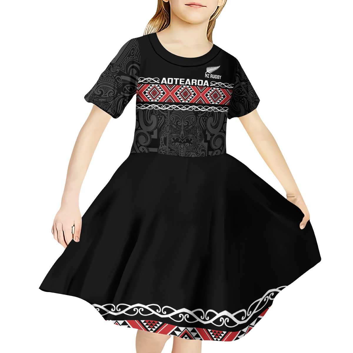 Custom New Zealand Silver Fern Rugby Kid Short Sleeve Dress All Black Maori Taniko Pattern LT14 - Polynesian Pride
