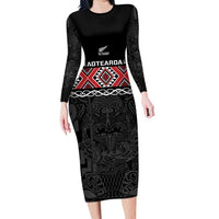 Custom New Zealand Silver Fern Rugby Long Sleeve Bodycon Dress All Black Maori Taniko Pattern LT14 Long Dress Black - Polynesian Pride