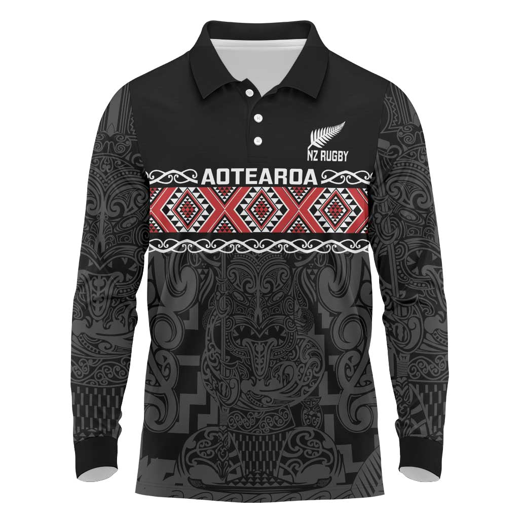 Custom New Zealand Silver Fern Rugby Long Sleeve Polo Shirt All Black Maori Taniko Pattern LT14 Black - Polynesian Pride