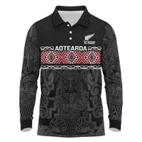 Custom New Zealand Silver Fern Rugby Long Sleeve Polo Shirt All Black Maori Taniko Pattern LT14 Black - Polynesian Pride