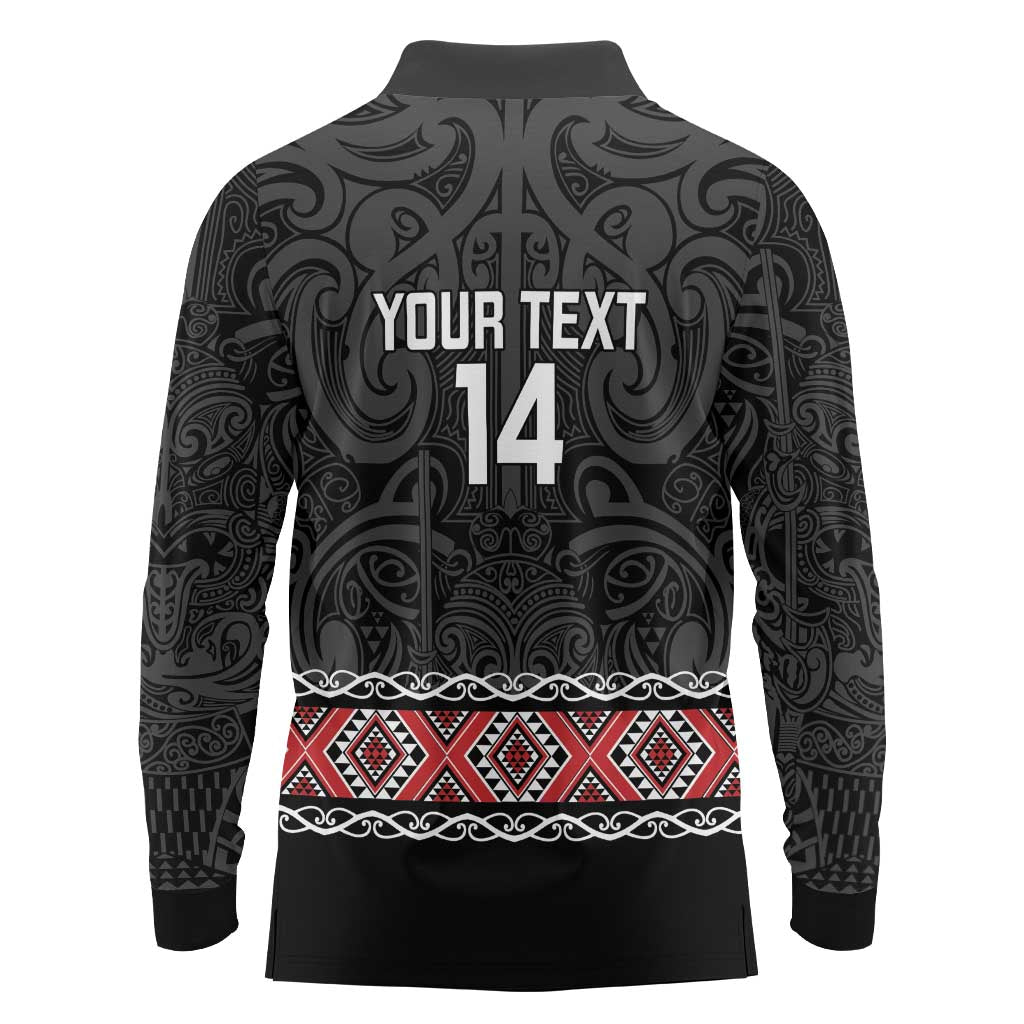 Custom New Zealand Silver Fern Rugby Long Sleeve Polo Shirt All Black Maori Taniko Pattern LT14 - Polynesian Pride