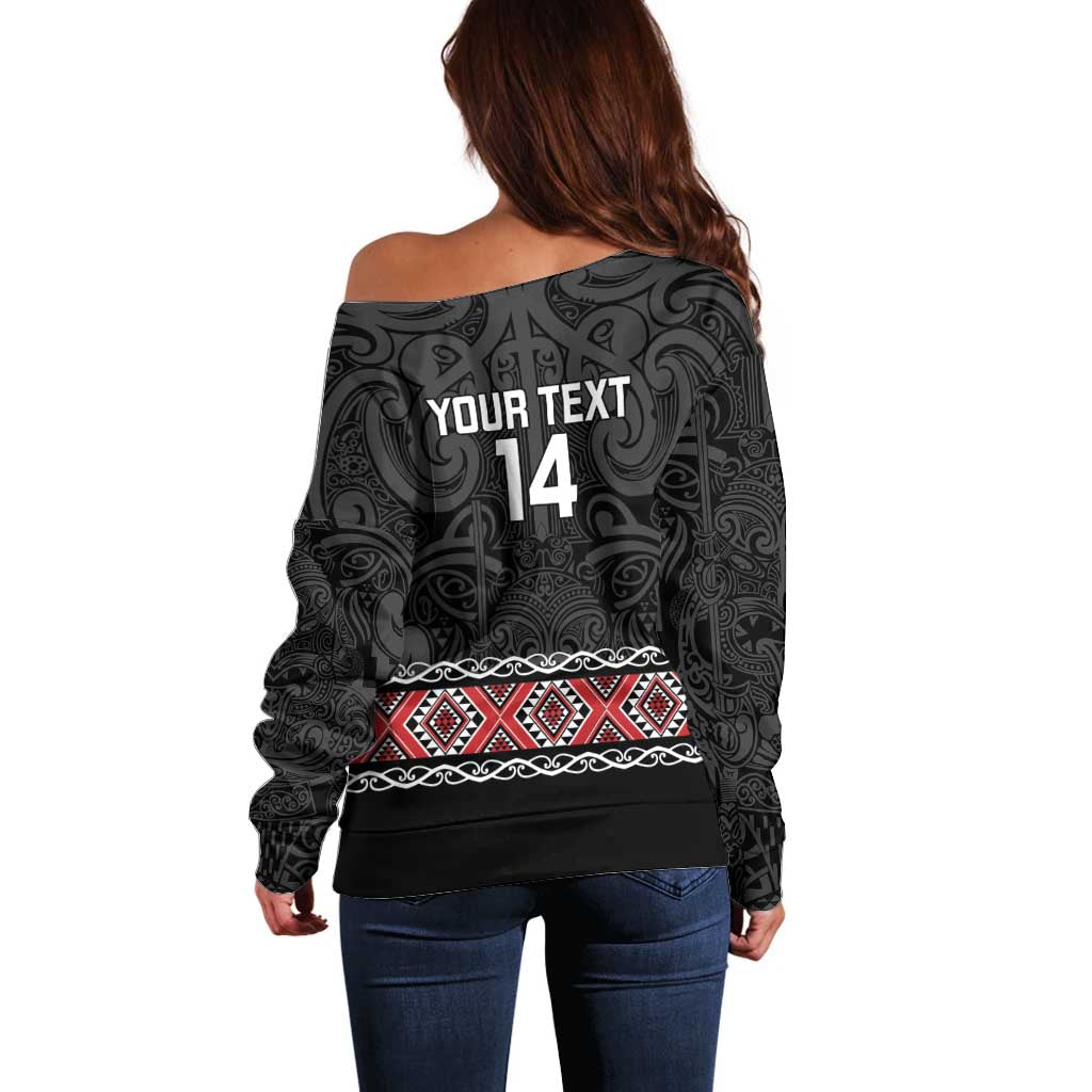 Custom New Zealand Silver Fern Rugby Off Shoulder Sweater All Black Maori Taniko Pattern