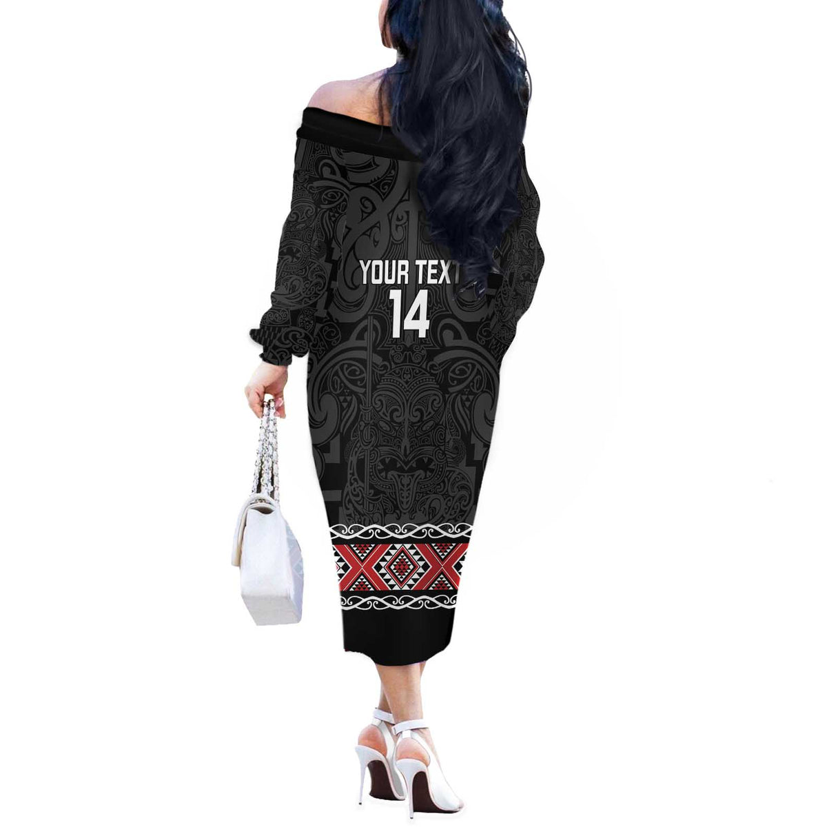 Custom New Zealand Silver Fern Rugby Off The Shoulder Long Sleeve Dress All Black Maori Taniko Pattern LT14 - Polynesian Pride