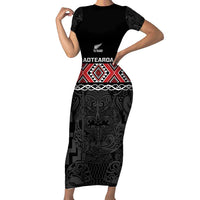 Custom New Zealand Silver Fern Rugby Short Sleeve Bodycon Dress All Black Maori Taniko Pattern LT14 Long Dress Black - Polynesian Pride