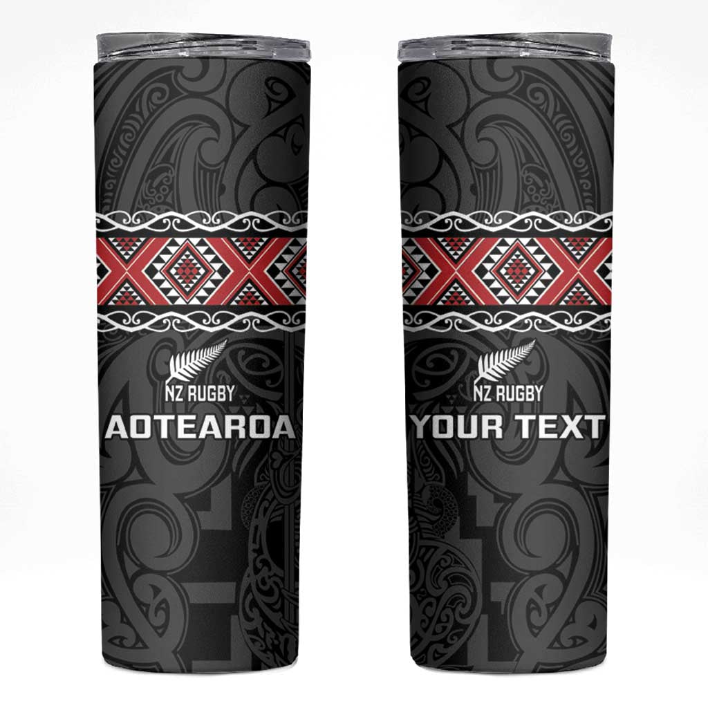 Custom New Zealand Silver Fern Rugby Skinny Tumbler All Black Maori Taniko Pattern LT14 Black - Polynesian Pride