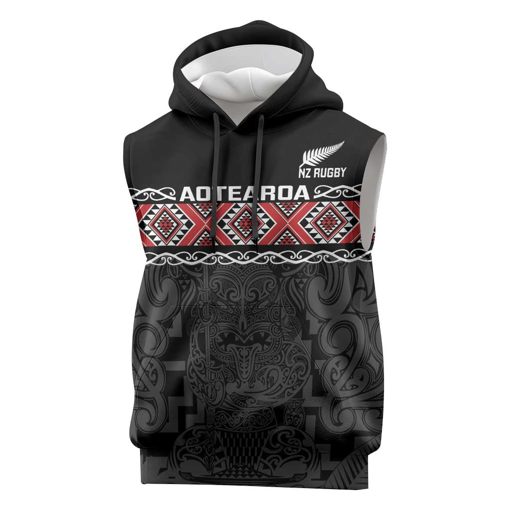 Custom New Zealand Silver Fern Rugby Sleeveless Hoodie All Black Maori Taniko Pattern LT14 Black - Polynesian Pride