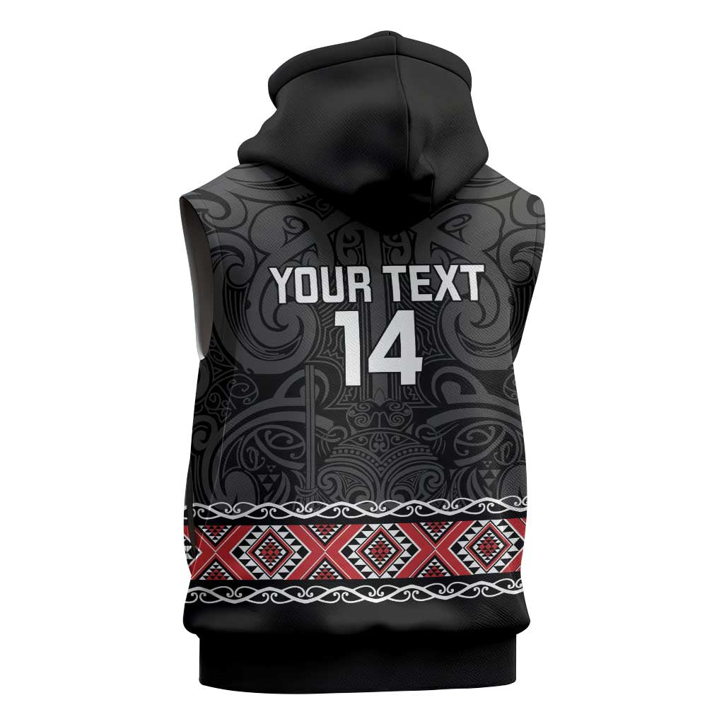 Custom New Zealand Silver Fern Rugby Sleeveless Hoodie All Black Maori Taniko Pattern LT14 - Polynesian Pride