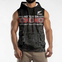 Custom New Zealand Silver Fern Rugby Sleeveless Hoodie All Black Maori Taniko Pattern LT14 - Polynesian Pride