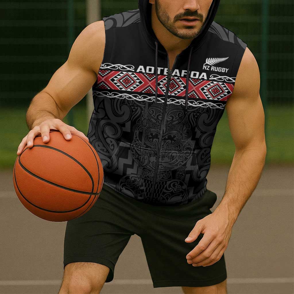 Custom New Zealand Silver Fern Rugby Sleeveless Zip Hoodie All Black Maori Taniko Pattern LT14 - Polynesian Pride
