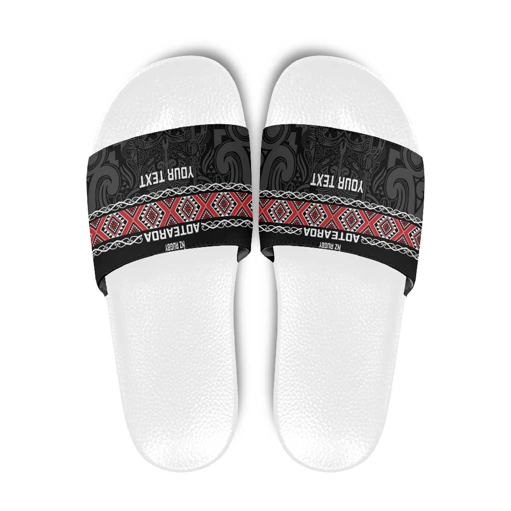 Custom New Zealand Silver Fern Rugby Slide Sandals All Black Maori Taniko Pattern - Polynesian Pride