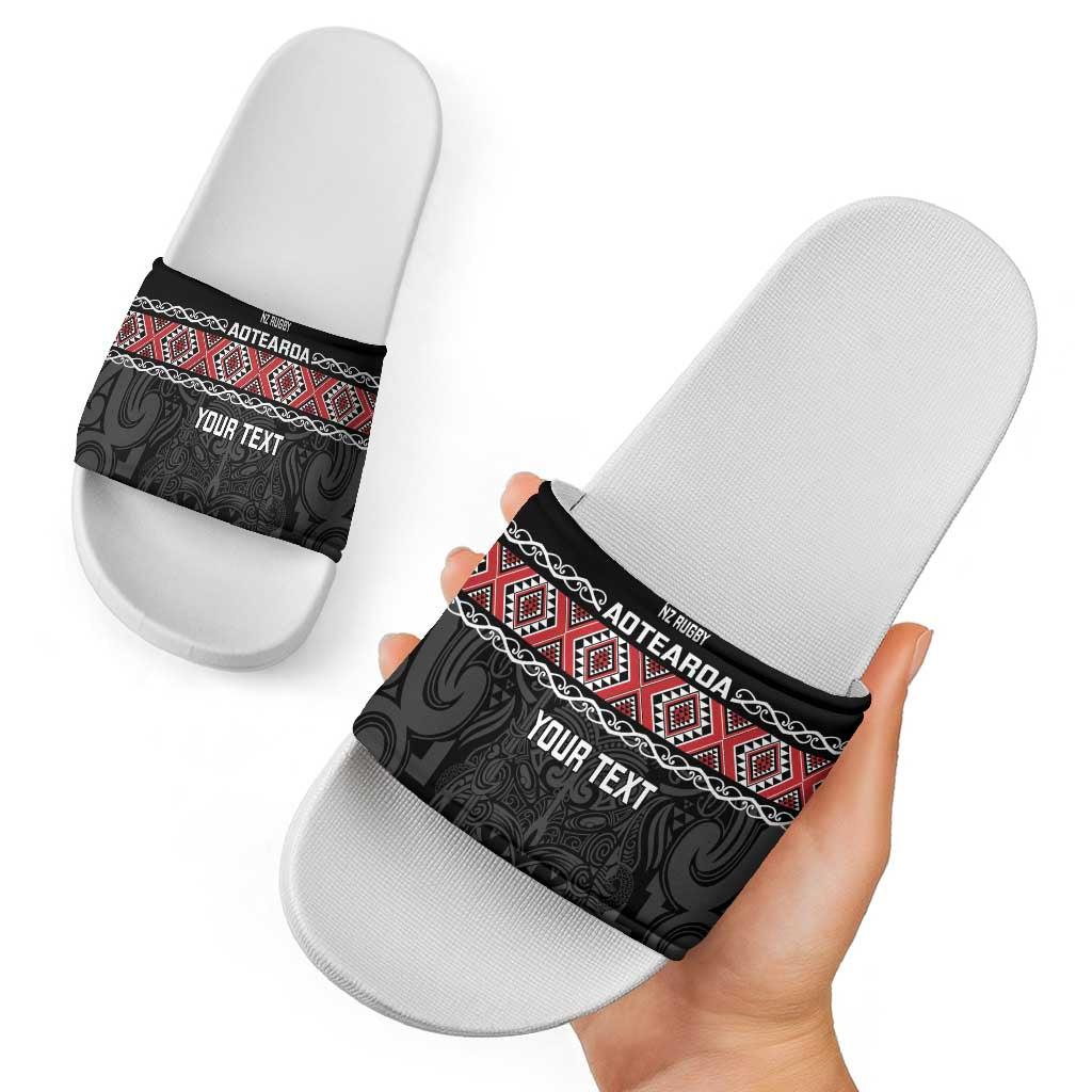Custom New Zealand Silver Fern Rugby Slide Sandals All Black Maori Taniko Pattern - Polynesian Pride