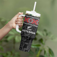 Custom New Zealand Silver Fern Rugby Tumbler With Handle All Black Maori Taniko Pattern