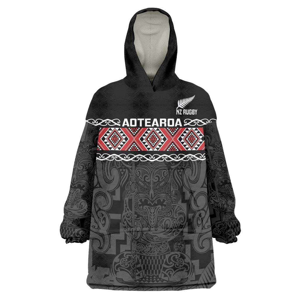 Custom New Zealand Silver Fern Rugby Wearable Blanket Hoodie All Black Maori Taniko Pattern LT14 One Size Black - Polynesian Pride