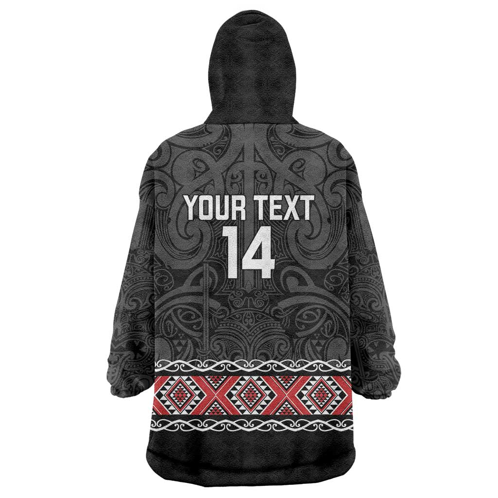 Custom New Zealand Silver Fern Rugby Wearable Blanket Hoodie All Black Maori Taniko Pattern LT14 - Polynesian Pride