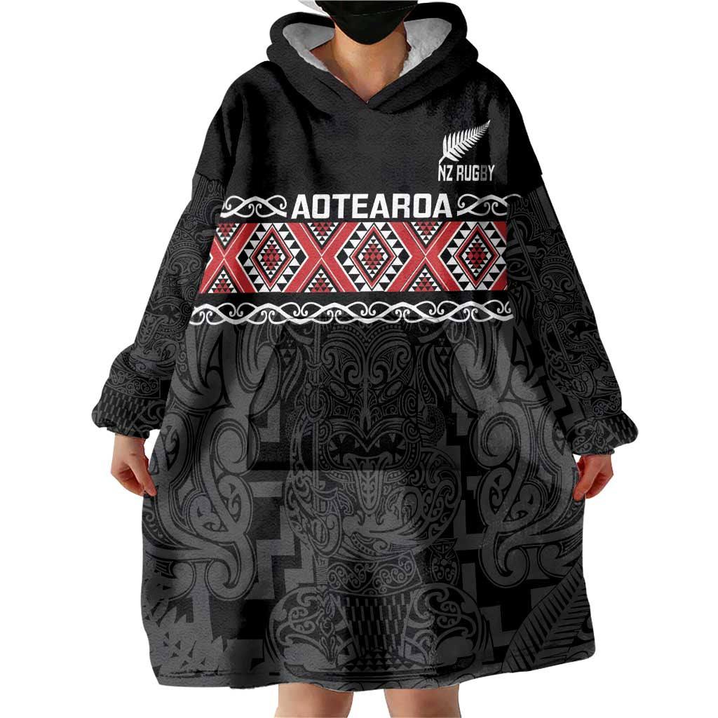 Custom New Zealand Silver Fern Rugby Wearable Blanket Hoodie All Black Maori Taniko Pattern LT14 - Polynesian Pride