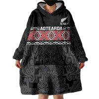 Custom New Zealand Silver Fern Rugby Wearable Blanket Hoodie All Black Maori Taniko Pattern LT14 - Polynesian Pride