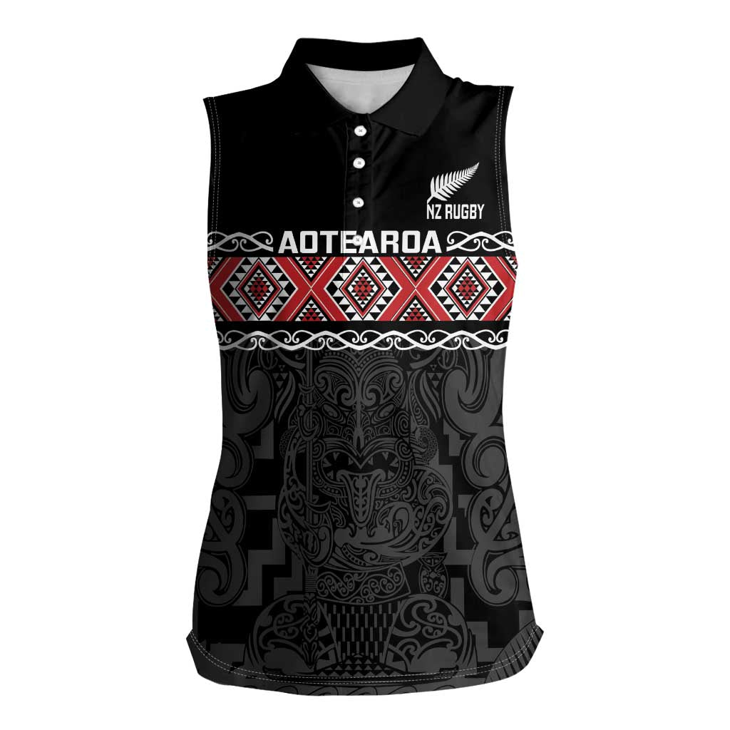 Custom New Zealand Silver Fern Rugby Women Sleeveless Polo Shirt All Black Maori Taniko Pattern LT14 Female Black - Polynesian Pride