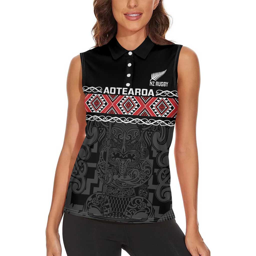 Custom New Zealand Silver Fern Rugby Women Sleeveless Polo Shirt All Black Maori Taniko Pattern LT14 - Polynesian Pride