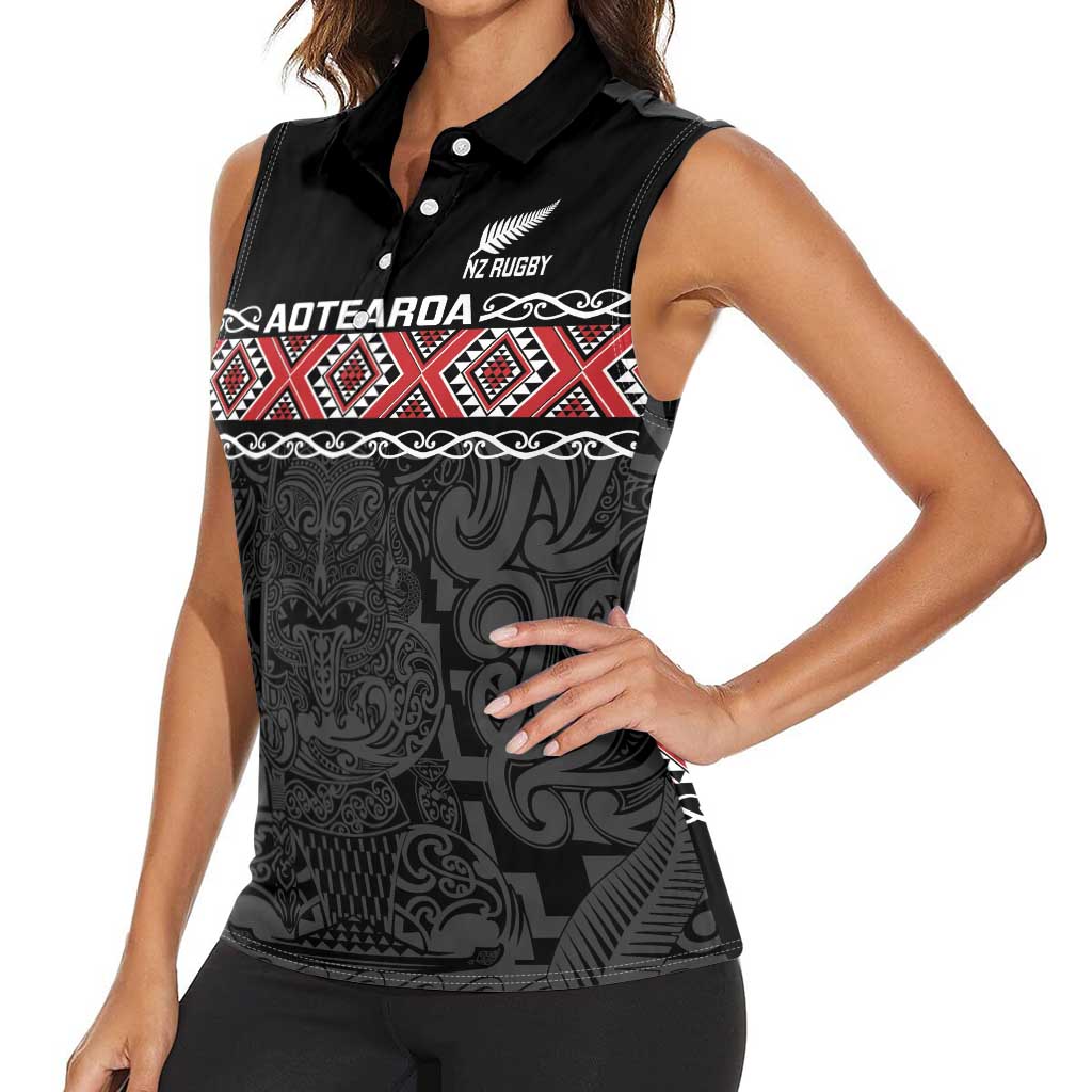 Custom New Zealand Silver Fern Rugby Women Sleeveless Polo Shirt All Black Maori Taniko Pattern LT14 - Polynesian Pride