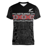 Custom New Zealand Silver Fern Rugby Women V-Neck T-Shirt All Black Maori Taniko Pattern LT14 Female Black - Polynesian Pride