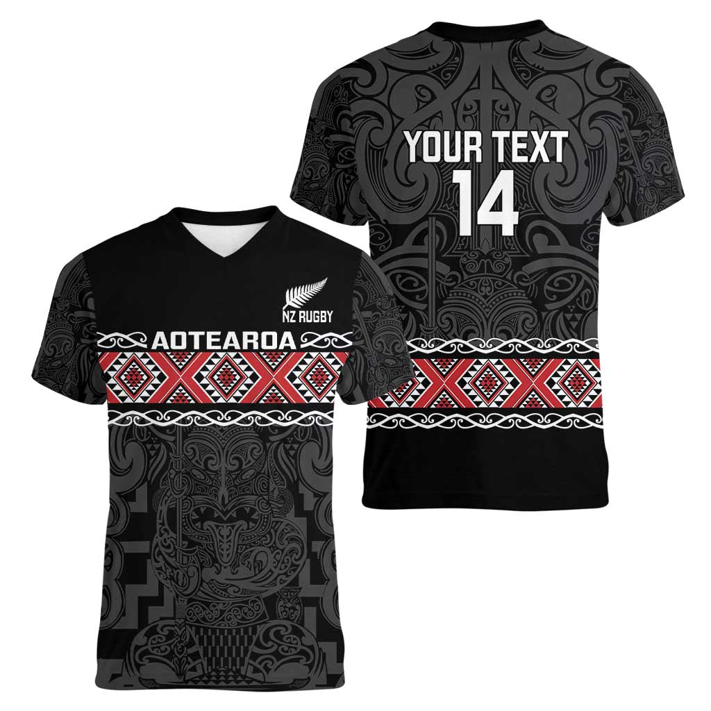 Custom New Zealand Silver Fern Rugby Women V-Neck T-Shirt All Black Maori Taniko Pattern LT14 - Polynesian Pride