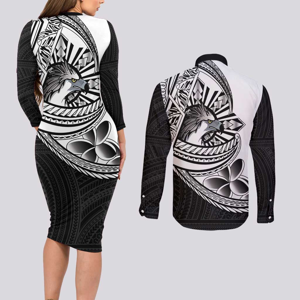 Philippines Eagle Sun Couples Matching Long Sleeve Bodycon Dress and Long Sleeve Button Shirt Filipino Agila Polynesian Tattoo Black Color LT14 - Polynesian Pride
