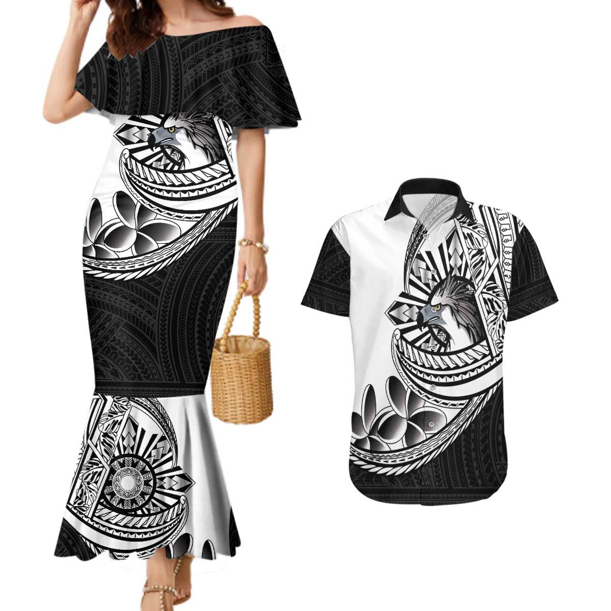 Philippines Eagle Sun Couples Matching Mermaid Dress and Hawaiian Shirt Filipino Agila Polynesian Tattoo Black Color LT14 Black - Polynesian Pride