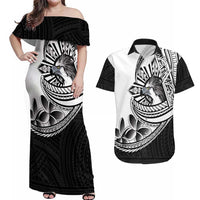 Philippines Eagle Sun Couples Matching Off Shoulder Maxi Dress and Hawaiian Shirt Filipino Agila Polynesian Tattoo Black Color LT14 Black - Polynesian Pride