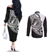 Philippines Eagle Sun Couples Matching Off The Shoulder Long Sleeve Dress and Long Sleeve Button Shirt Filipino Agila Polynesian Tattoo Black Color LT14 - Polynesian Pride
