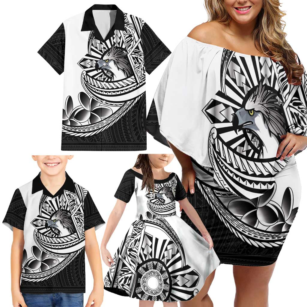 Philippines Eagle Sun Family Matching Off Shoulder Short Dress and Hawaiian Shirt Filipino Agila Polynesian Tattoo Black Color LT14 - Polynesian Pride