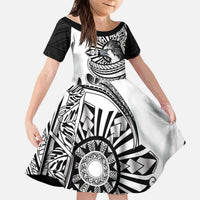 Philippines Eagle Sun Kid Short Sleeve Dress Filipino Agila Polynesian Tattoo Black Color