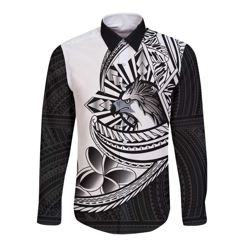 Philippines Eagle Sun Long Sleeve Button Shirt Filipino Agila Polynesian Tattoo Black Color LT14 Unisex Black - Polynesian Pride