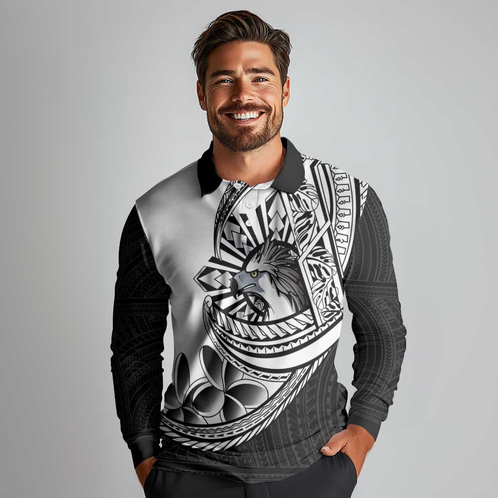 Philippines Eagle Sun Long Sleeve Polo Shirt Filipino Agila Polynesian Tattoo Black Color