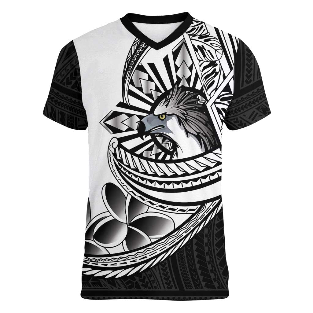 Philippines Eagle Sun Women V-Neck T-Shirt Filipino Agila Polynesian Tattoo Black Color LT14 Female Black - Polynesian Pride
