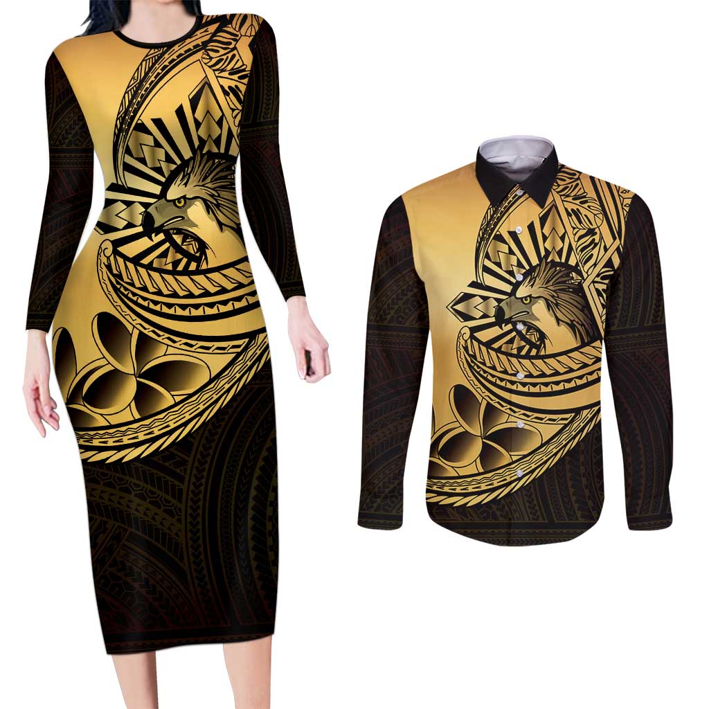 Philippines Eagle Sun Couples Matching Long Sleeve Bodycon Dress and Long Sleeve Button Shirt Filipino Agila Polynesian Tattoo Gold Color