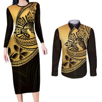 Philippines Eagle Sun Couples Matching Long Sleeve Bodycon Dress and Long Sleeve Button Shirt Filipino Agila Polynesian Tattoo Gold Color LT14 Gold - Polynesian Pride